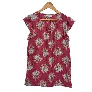 LOFT OUTLET Pink Floral Flutter Sleeve Top L
